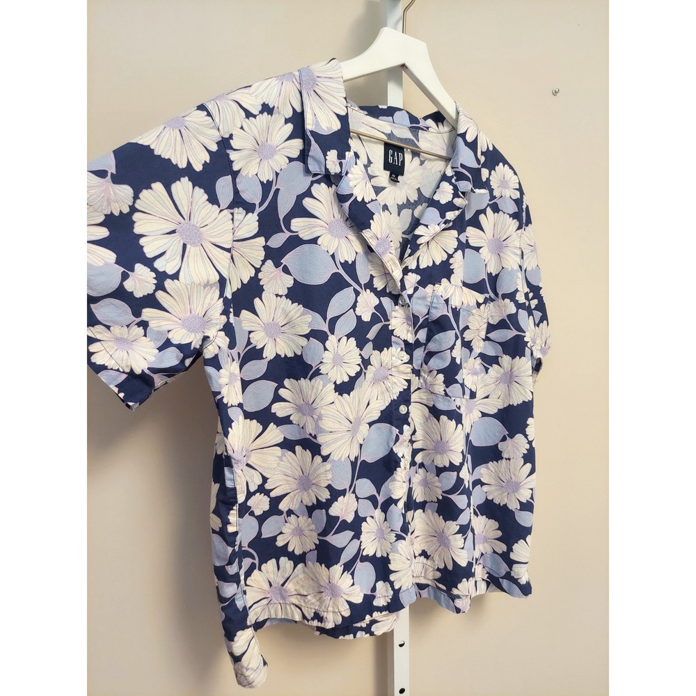 Gap Womens XXL Blue White Floral Daisy Print Cotton Camp Collar Button Up Shirt